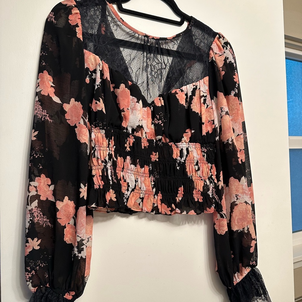 Free People Black Floral Crop Blouse with Plunge Neckline and Puff Sleeves